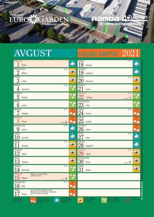 Vir: Založba Kmečki glas | Setveni koledar - avgust 2021